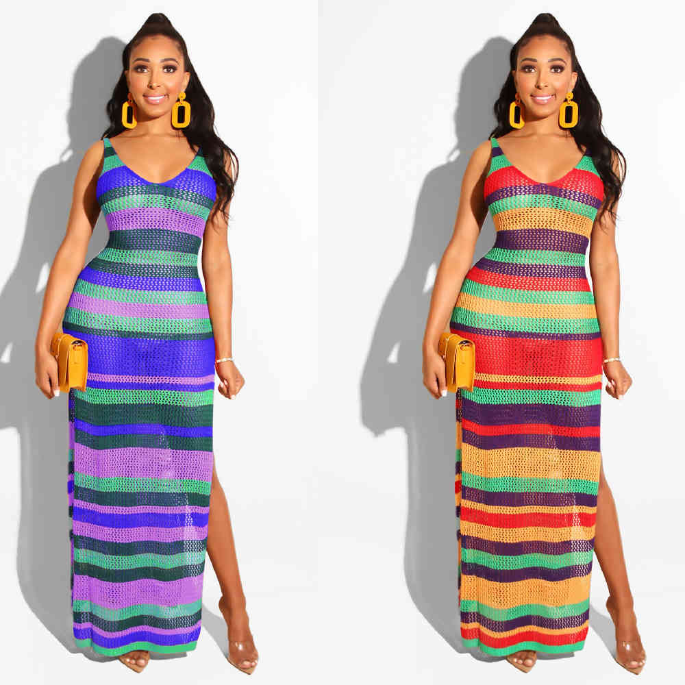 Sexy Bikini Cover-ups Handmade Rainbow Sleeveless Side Split Bodycon Summer Dress Crochet Tunic Women Swim Suit Cover up A376 210420