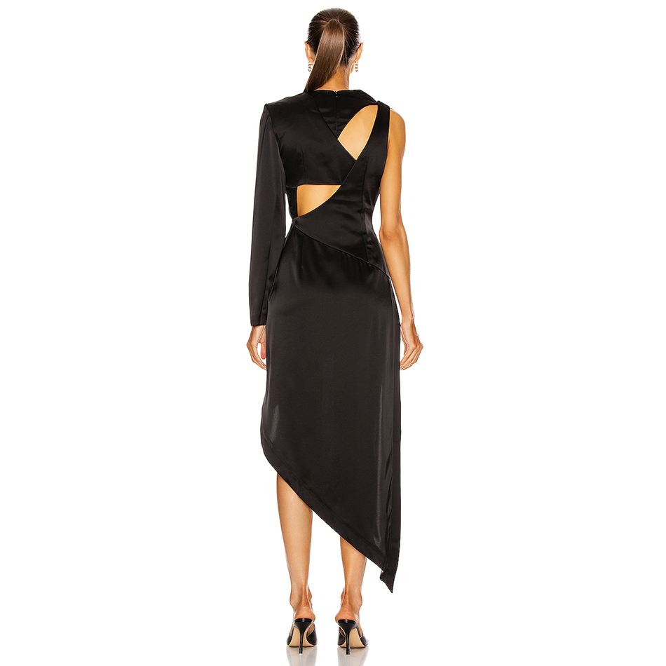 Free Women's Sexy Midi Dress Round Neck One Shoulder Long Sleeve Bodycon Hollow Club Party Split Vestido 210524