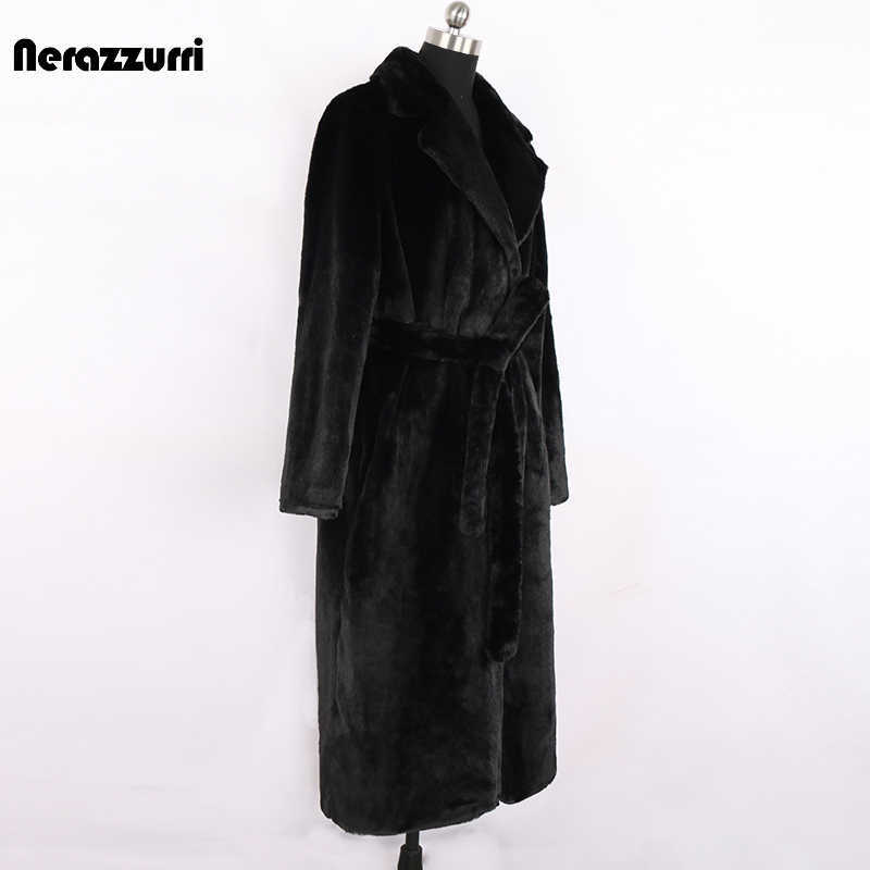 Nerazzurri Winter Long White Black Warm Fluffy Faux Fur Coat Women Long Sleeve Belt Lapel Stylish Korean Fashion without Buttons 210910