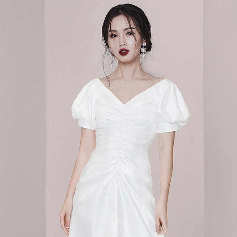 High Quality Casual Elegant Women Sexy V-neck White Dress Summer Fashion Short Sleeve French Vintage Party 210506