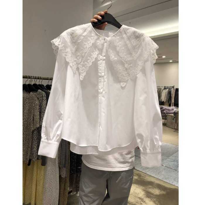 Spring All Match Solid Lace Patchwork Peter Pan Collar Full White Shirt Women's Loose Top 210615
