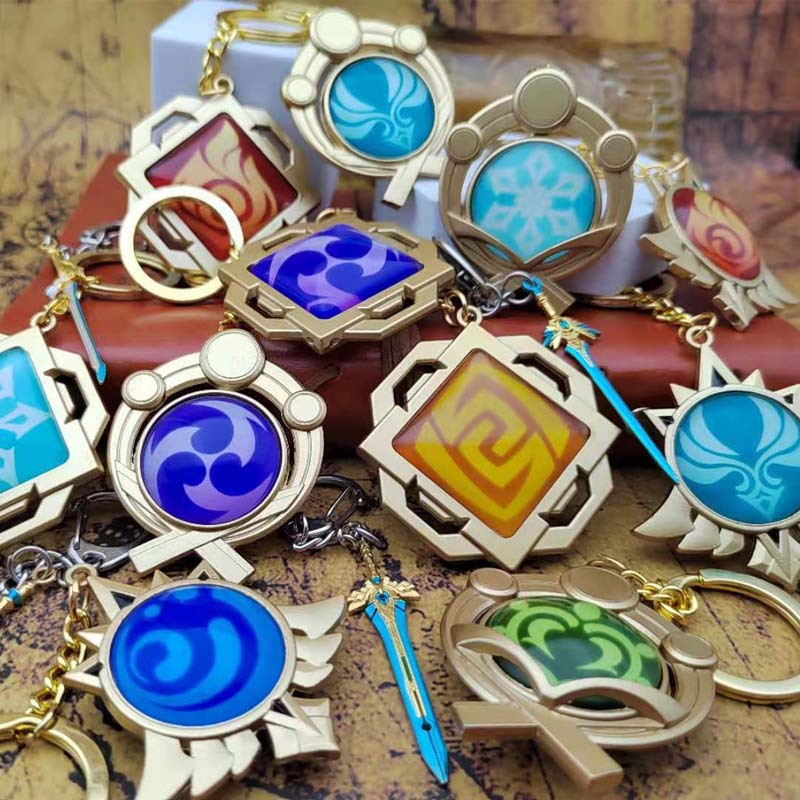 Game Genshin Impact Vision Lnazuma Ganyu Keqing Wendi Xiao Keychain Luminous 7 Element Weapons Eye Of Original God Toy KeyRing