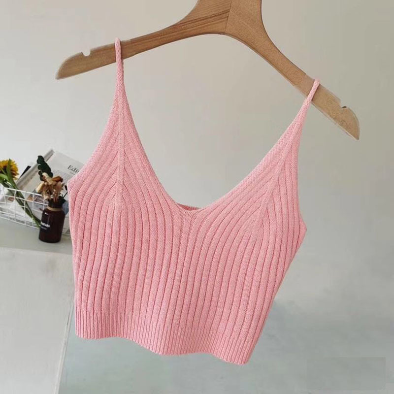 Women Camisoles Female Sleeveless Vest Under-Waist Tops Sexy Intimates Knitted Bra V-Neck Short Thin Strap Elegant Office Basic 210406