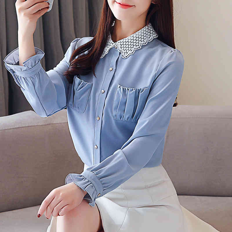 Fashion Chiffon Shirts women Long Sleeve Turn-down Collar Pockets Clothing Casual Womens Tops and Blouses 5584 50 210506