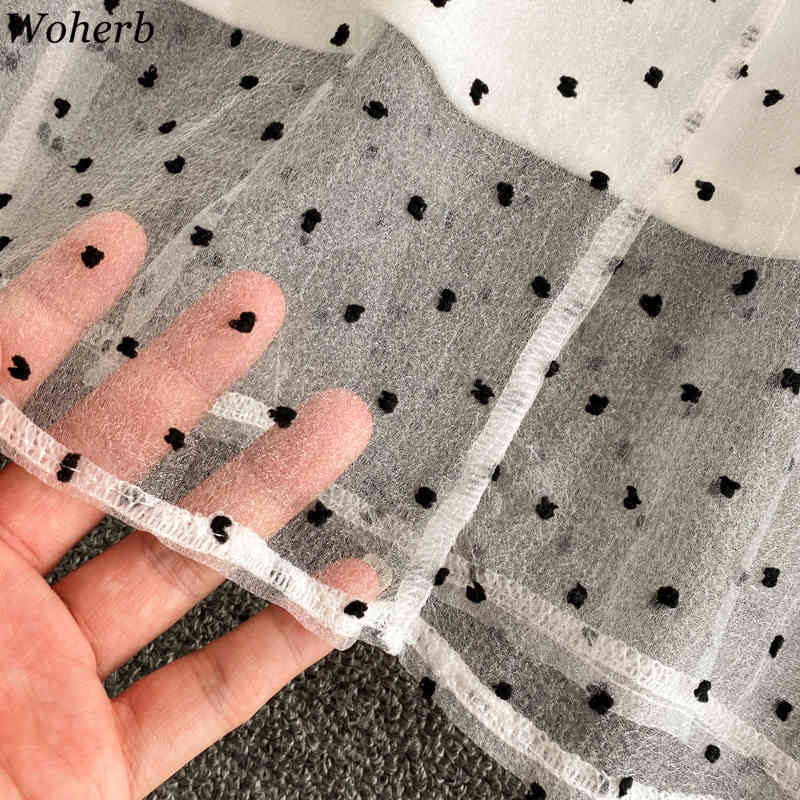Chiffon Blouse Women Puff Sleeve See Through Polka Dot Mesh Cover Up Shirt with Vest Ladies Korean Sweet Top Blusa 210519