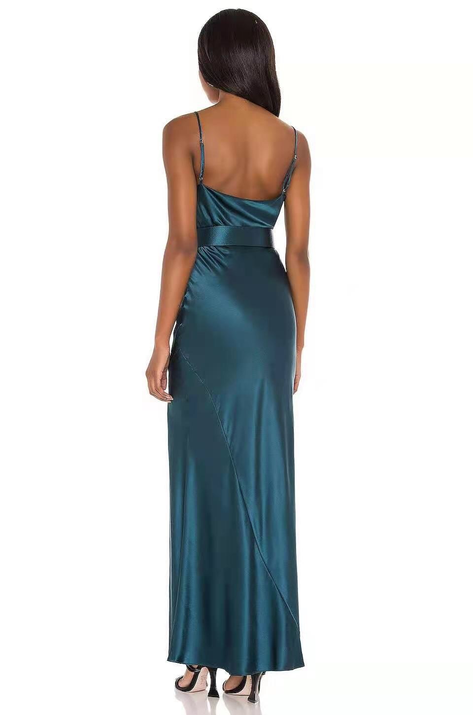 party maxi dress for women slim bodycon high waist camisole spaghetti strap blue satin silky sexy belt dresses lady robe 210421