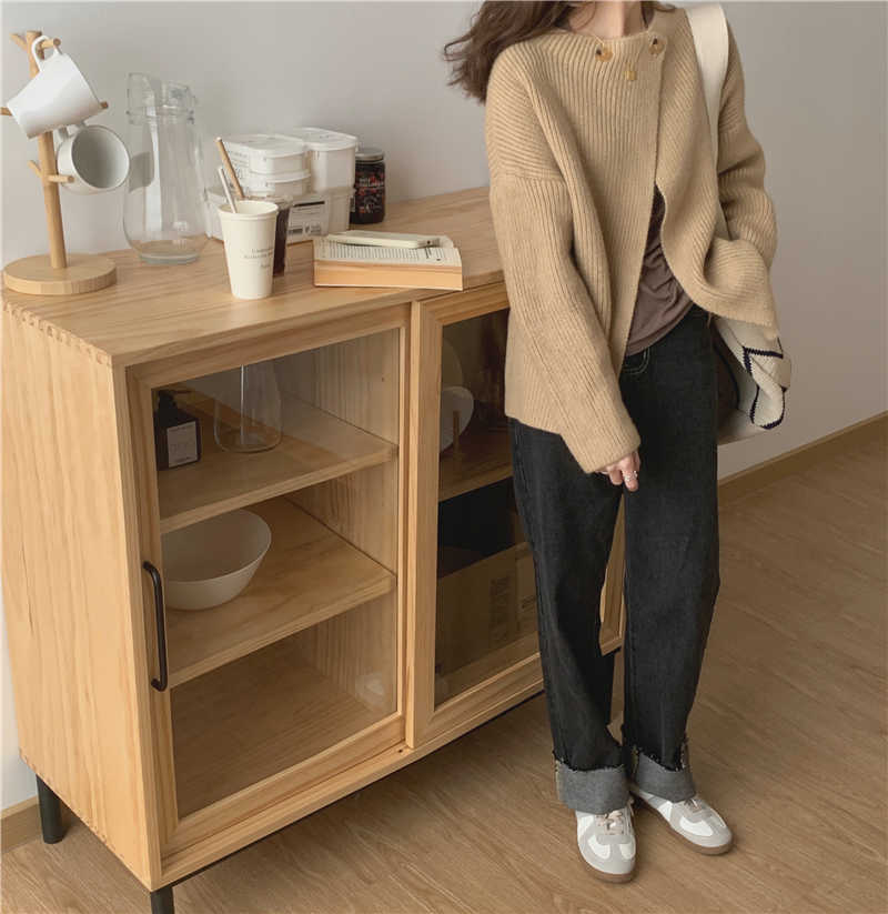 Qooth Winter Cardigan Casual Women Full Sleeve Knitting Cotton Outwear Loose Plain Color Lady Clothes Coats QT288 210609