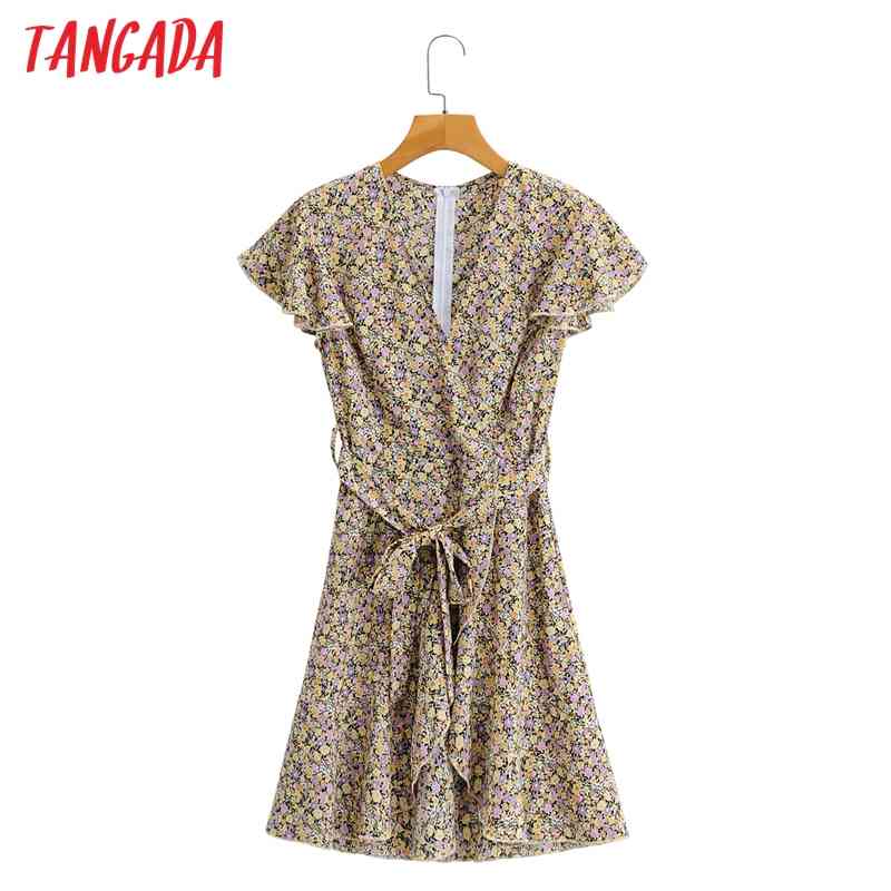 Women Flowers Print Summer Ruffles Slash V Neck Short Sleeve Ladies Mini Dress 1F89 210416