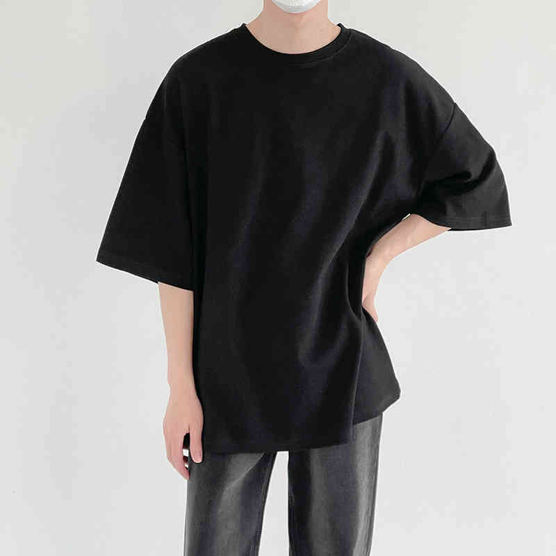 IEFB Solid Color Half Sleeve Men's Loose Round Neck White T-shirt Summer Casual Simple Tops Basic Korean Trend Clothing 210524