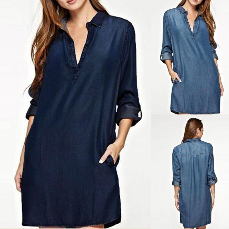Casual Dresses Denim Dress For Women 2022 Autumn Blue V-Neck Long Sleeve Mini Plus Size Washed Shirt Vestidos