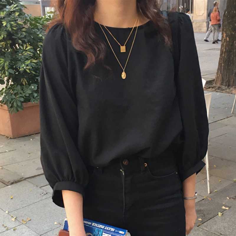 Women Blouse Korean O-neck 3/4 Puff Sleeve Shirt Causal Solid Pullover Blusas Mujer De Moda Verano 6F671 210603