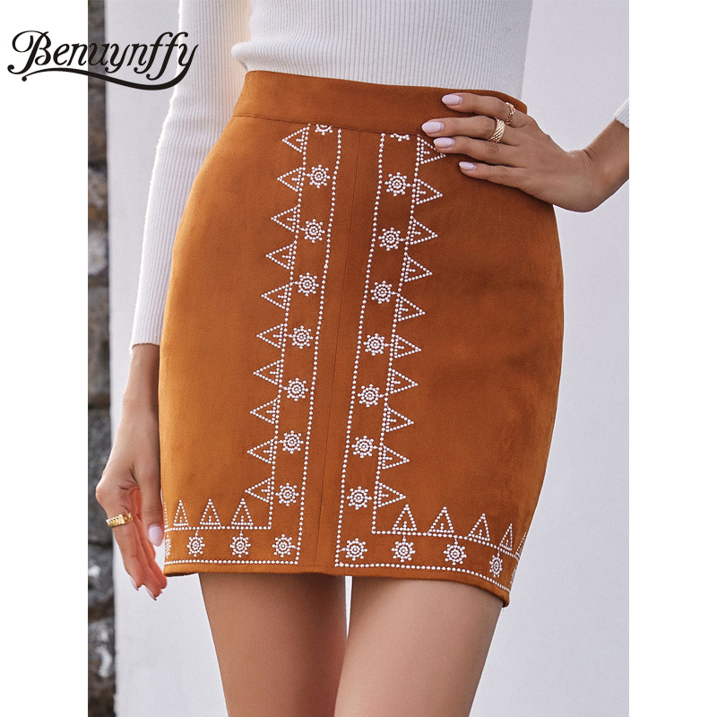 Side Zipper Embroidery Suede Skirt Women Spring Fall Streetwear Vintage High Waist Bodycon A-Line Mini Skirts 210510