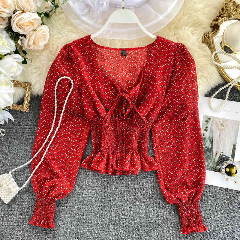 Pleated Bow Blusa Feminina Sexy V-neck Short Crop Top Chiffon Blouse Vintage Floral Print Shirt Camisas Mujer 210519