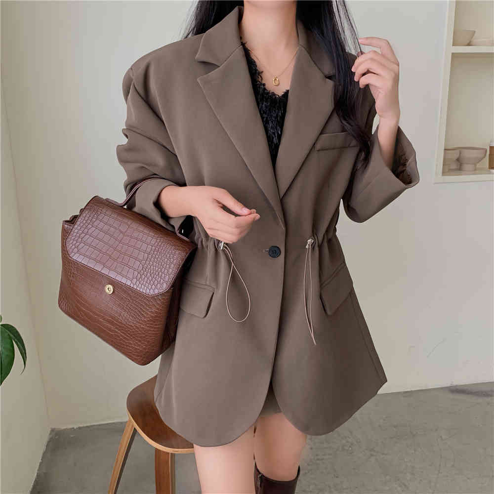 OL Notched Vintage Solid Drawstring Waist Blazer Jacket Autumn Winter Formal Women Blazers Suit Coat Female 210421