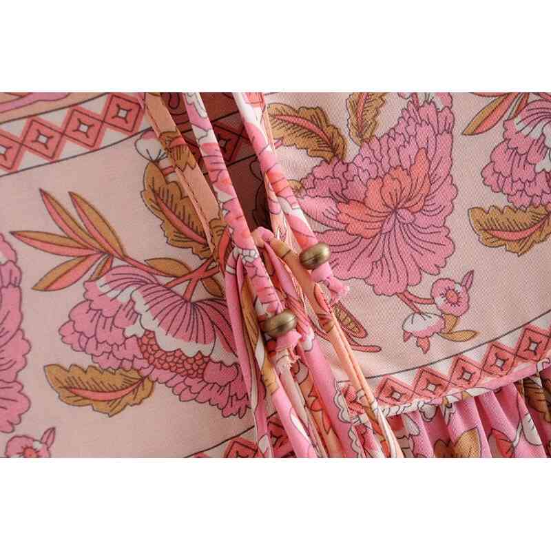Bohemia Bandage Lacing up Collar Contrast Pink Flower Print Midi Dress BOHO Woman Long Sleeve Holiday Dresses Beach 210429