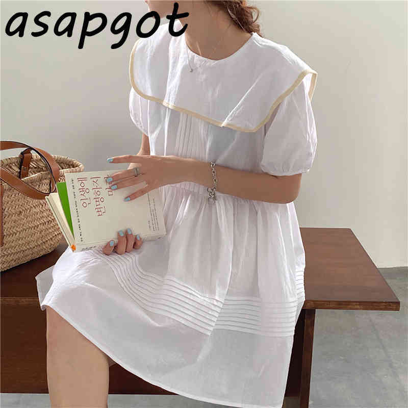 Chic Korean Preppy Style Summer Contrast Color Sailor Collor Dress Mini Student Loose Short Sleeve Doll Retro Vestido 210429
