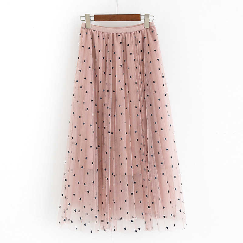Long Chiffon Polka Dot Skirt Spring Autumn Elastic Waist Tulle Pleated Women Summer Black Maxi s For 210621