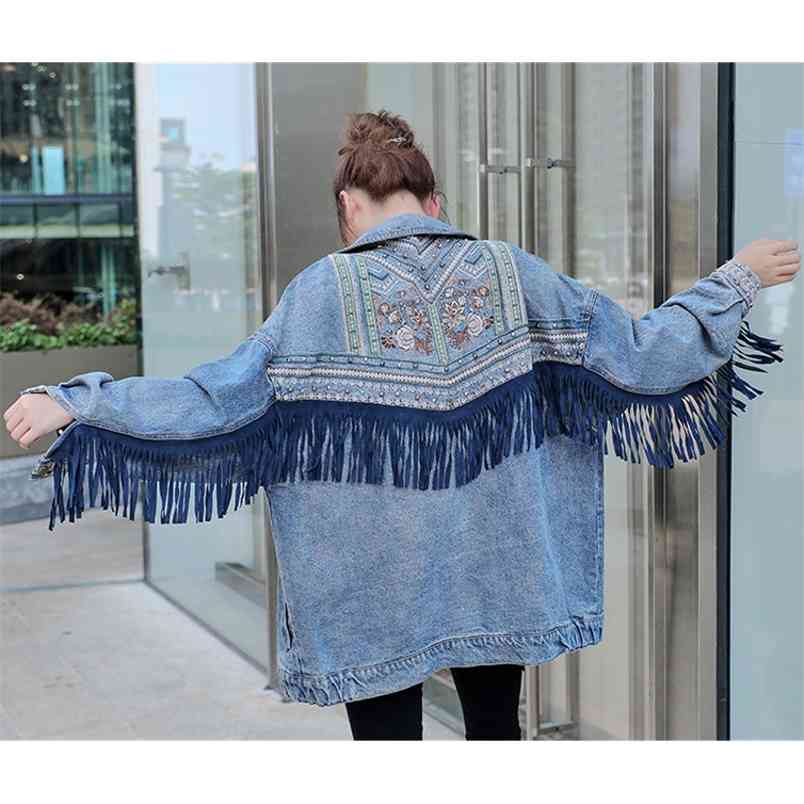 Denim women jacket spring vintage floral Embroidery Suede fringe loose coat long sleeve Outerwear female boho 210519, Blue
Denim women jacket spring vintage floral Embroidery Suede fringe loose coat long sleeve Outerwear female boho 210519, Blue