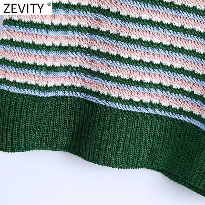 Zevity Women Vintage Color Matching Striped Crochet Knitting Sweater Ladies Short Sleeve Diamond Button Pullovers Tops SW829 210603
