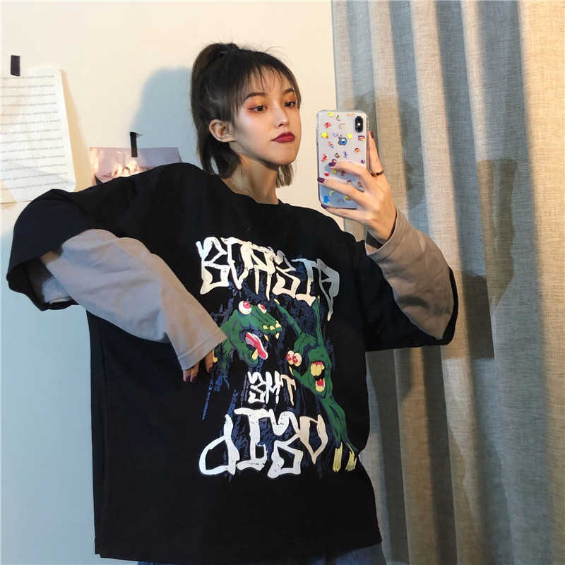Ulzzang autumn women fashion cartoon print fake two thin section sweatshirt chic Harajuku loose O-neck casual female 210608, Black
Ulzzang autumn women fashion cartoon print fake two thin section sweatshirt chic Harajuku loose O-neck casual female 210608, Black