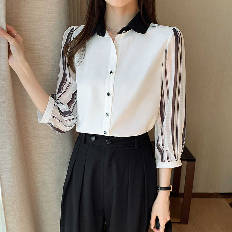 Korean Women' Shirt Chiffon Blouses for Women Sleeveless Female Top White Polo Neck Blouse Woman Striped 210604
Korean Women' Shirt Chiffon Blouses for Women Sleeveless Female Top White Polo Neck Blouse Woman Striped 210604