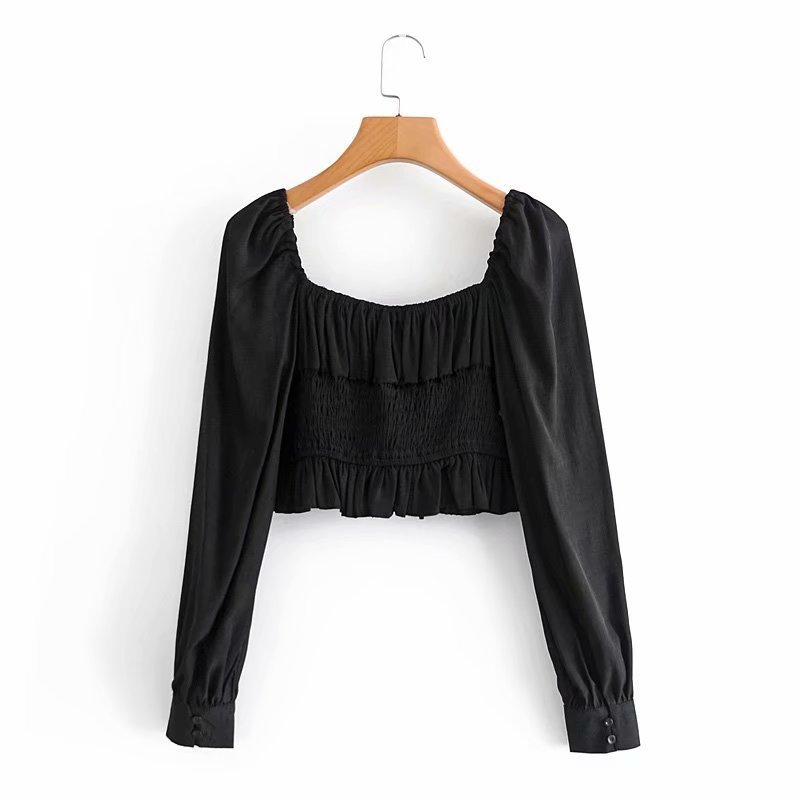 Square Collar Long Sleeves Neckline Tie Women Vintage Short Waist T-shirt Fashion Chic Female Tops 210507