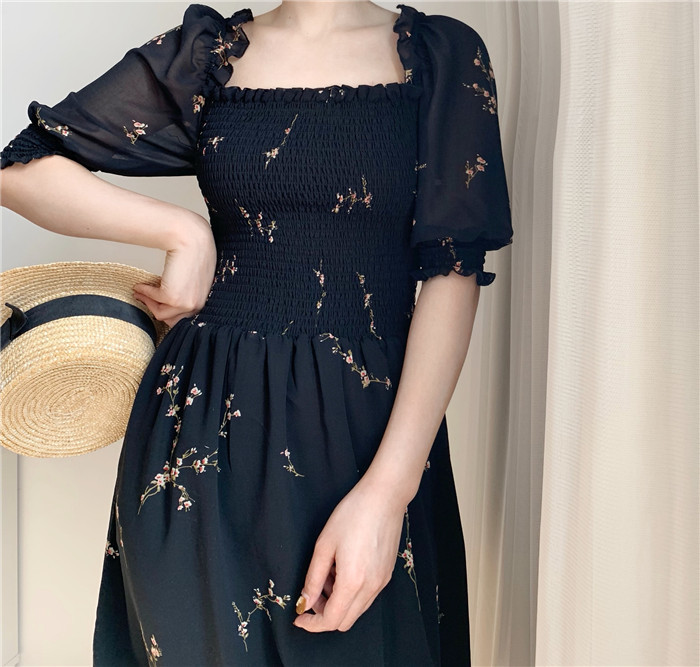 Summer dress bohemian vintage flroal black mini kawaii boho chiffon beach korean short sleeve casual 210521