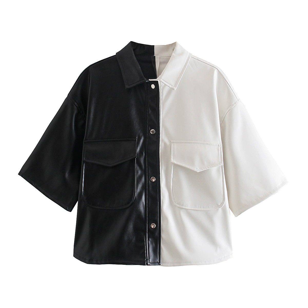 Short Color Contrast Chic Women's Shirt with PU Stitching Harajuku Lapel Female Tops 210507