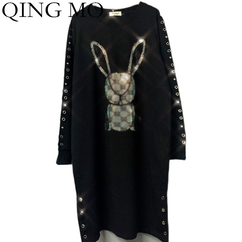 Women Summer Dress Animal Rabbit Print Dress Rhinestone Pattern Women Short Sleeve Black Dress Butterfly Hat Spring QF664 210331
