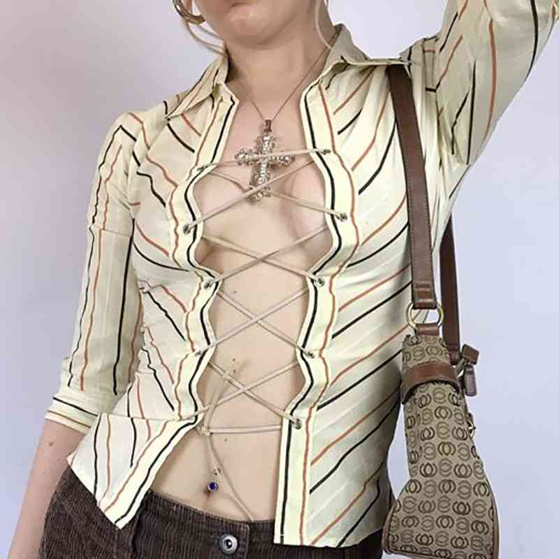 European and American spring lace up hollow out polo collar shirt sleeve T-shirt women's wear 210602