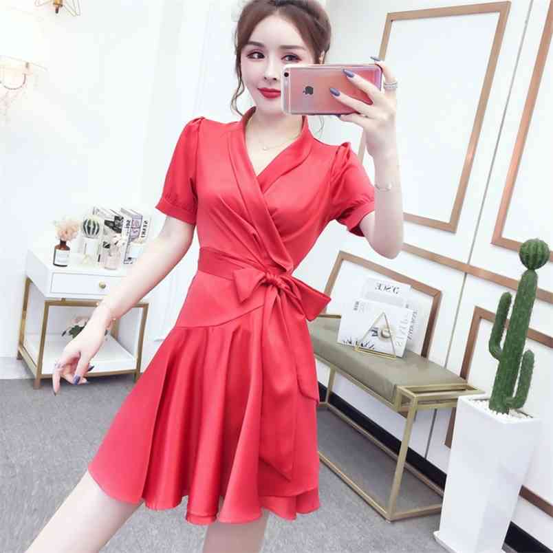 Women Summer Sexy V-Neck Mini Wrap Dress Fashion Elegant High Waisted Sashes Boho Ruffles Beach Short Vestidos 210519