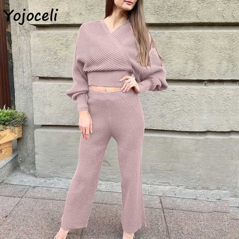 Yojoceli autumn winter sweater pants set women warm 2 pieces knit sets 210609