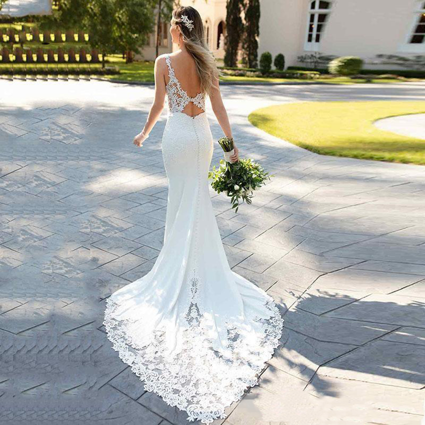 2024 Beach Wedding Dresses Bridal Gown Spaghetti Straps Mermaid Lace Applique Sweep Train Backless Custom Made Vestido de novia