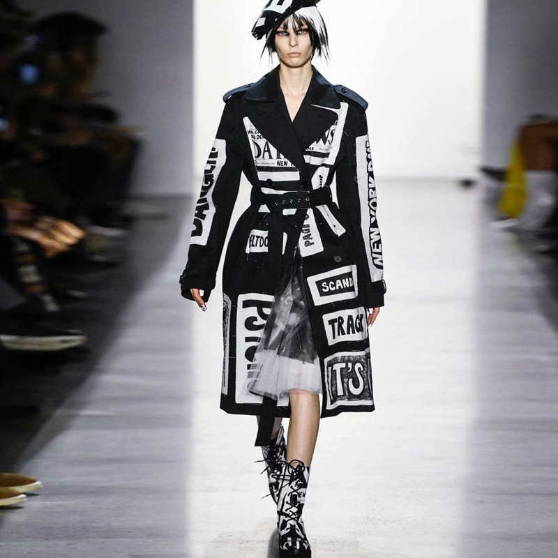 HarleyFashion Autumn Winter Women Long Coat Letters Printing High Street Stylish Graffiti Casual Quality Windbreaker Trench 210820