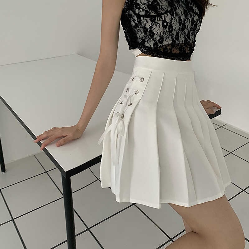 Sweet Bow Bandage High Waist Woman Skirts Causal Korean Pleated A-line Skirt Summer Faldas Mujer Moda 6H068 210603