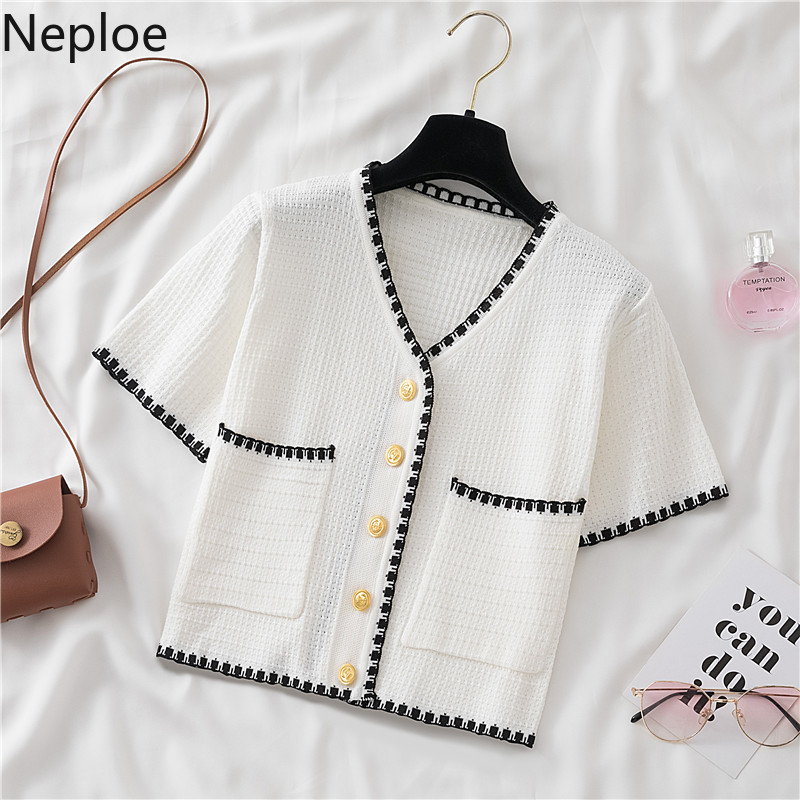 Neploe Woman Jacket Korean Chic Knitted Cardigan Temperament Slim Fit Thin Tops V-neck Long Sleeve Short White Coat Femme 95082 210422