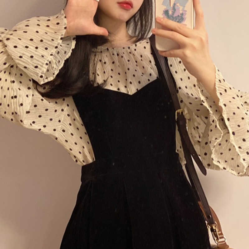 Spring Women 2Pieces Sets Dot Flare Sleeve Blouse Shirt + Slim Wiast A-line Velour Sling Dress Korean Suits 6E792 210603