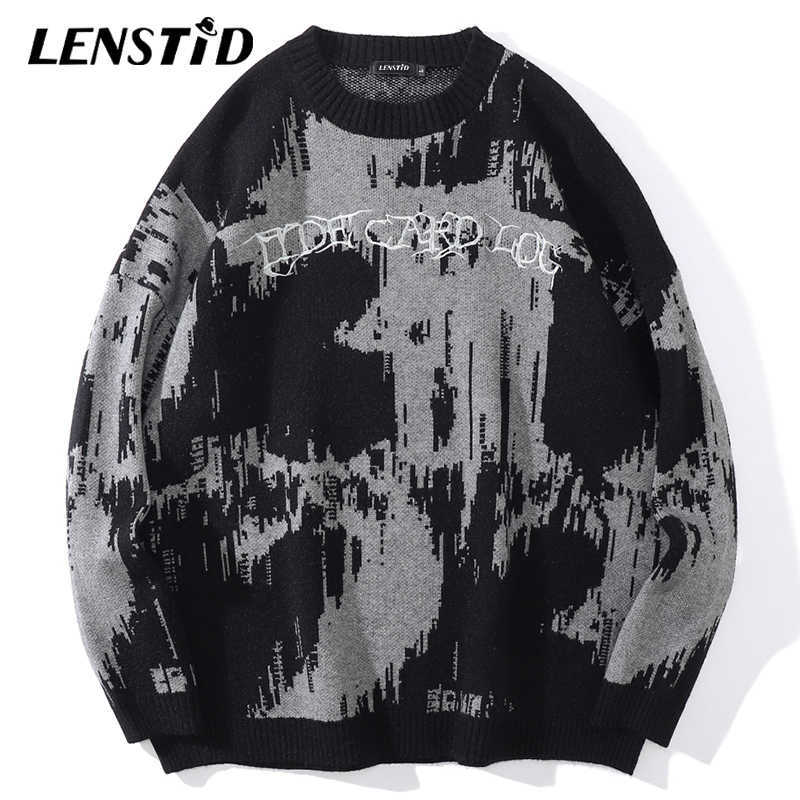 LENSTID Men Hip Hop Knitted Jumper Sweaters Letter Embroidery Print Streetwear Harajuku Autumn Hipster Casual Loose Pullovers 210929