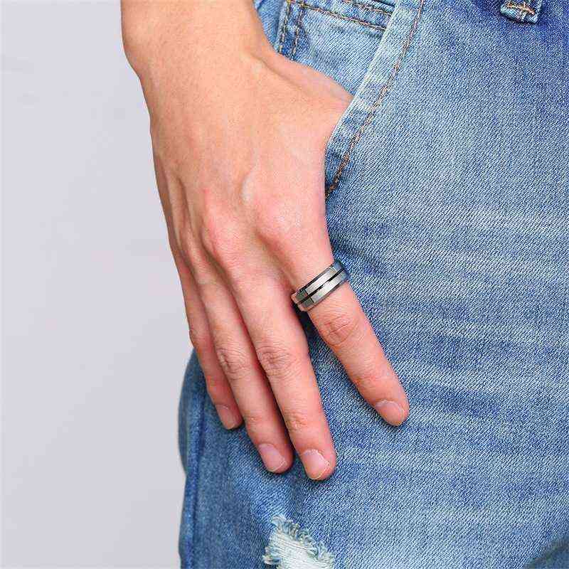 Tigrade Men Rings 8mm Tungsten Wedding Band Silver Color with Blue Line Stylish Male anillos hombre for anniversary ring 211218