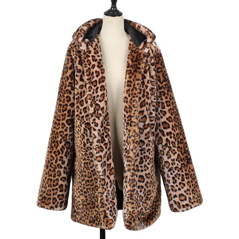 Women's Fur & Faux Autumn Winter Leopard Coats Women Hooded Coat Luxury Warm Plush Fake Jacket Fashion Artificial Womens Outwear