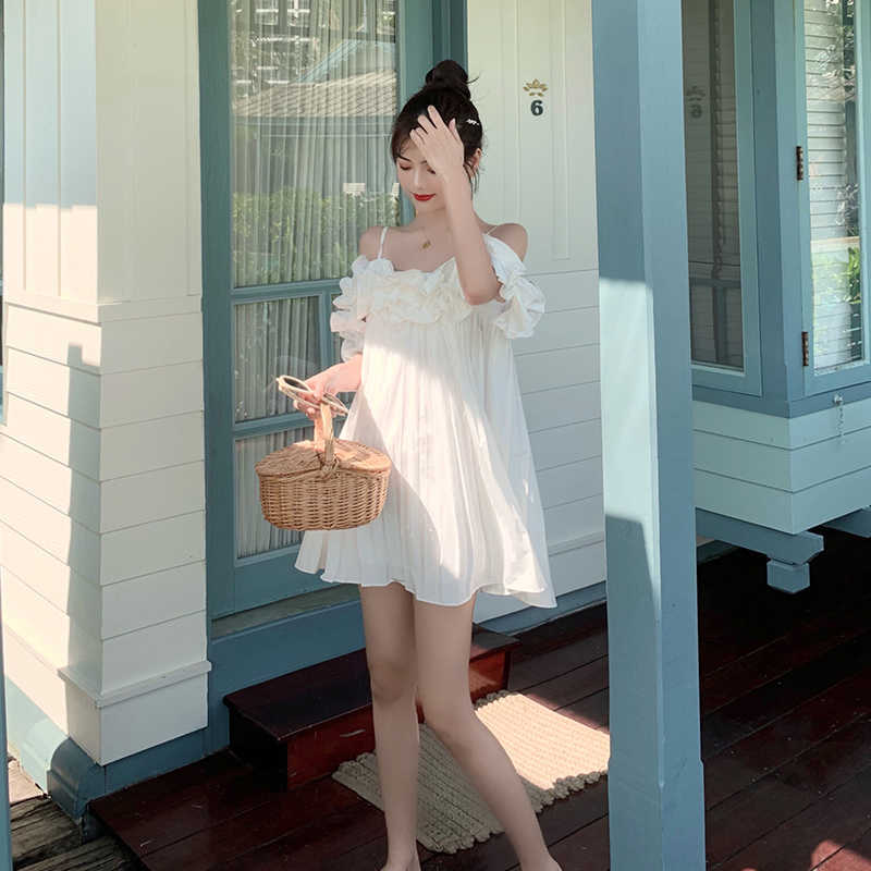White Summer Dress Beach Fashion Vacation Style Flower Ruffles Strapless Above Knee Short Mini Sweet Fluffy Vestidos Femme 210601