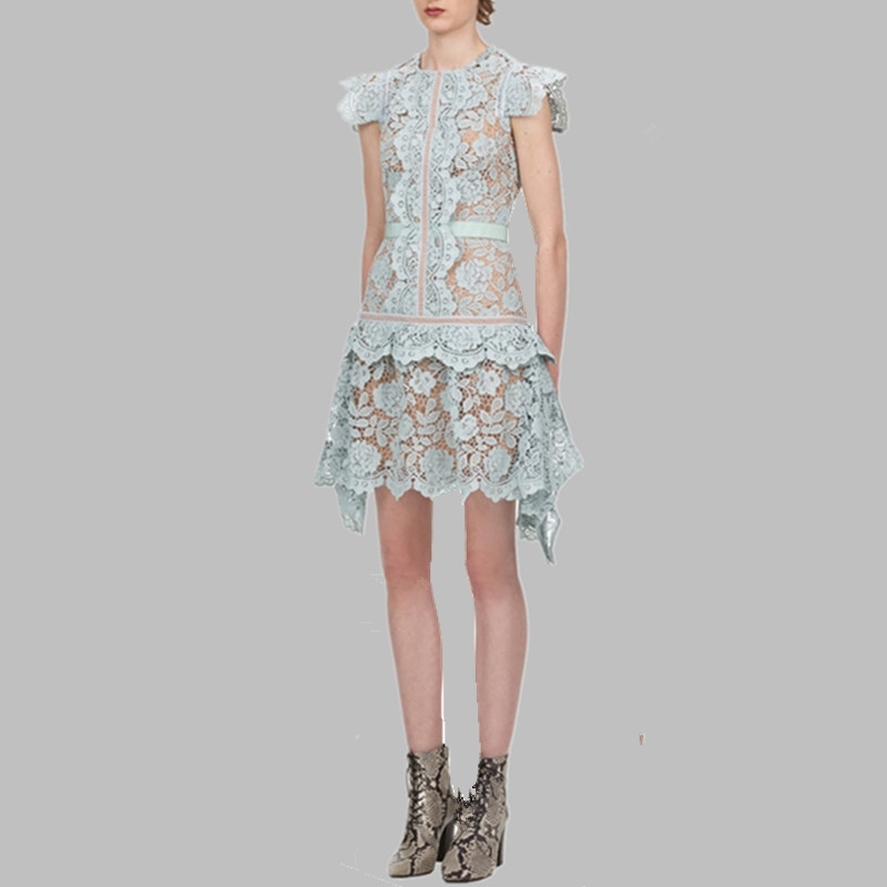 Arrive High Quality Light Blue Dresses Women Asymmetry Summer Runway Vestidos 210520