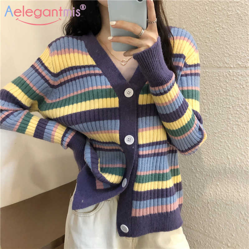 Aelegantmis Knitted Cardigans Sweater for Women Autumn V Neck Long Sleeve Rainbow Striped Cardigan Sweaters Ladies Vintage Tops 210607, As shown
Aelegantmis Knitted Cardigans Sweater for Women Autumn V Neck Long Sleeve Rainbow Striped Cardigan Sweaters Ladies Vintage Tops 210607, As shown