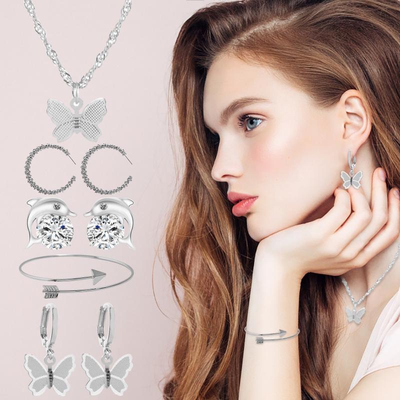 Earrings & Necklace Jewelry Sets 2021 Trend Set For Women 3 Pairs 1 Bracelet Butterfly Dolphin Cute Pendant, Silver
Earrings & Necklace Jewelry Sets 2021 Trend Set For Women 3 Pairs 1 Bracelet Butterfly Dolphin Cute Pendant, Silver