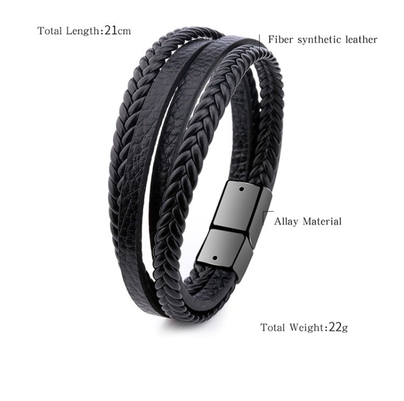 Vintage Men's Style Woven Black Brown Leather Cuff Magnetic Snap Bracelet for Gift