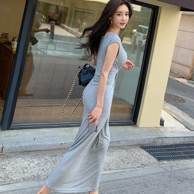 WOMENGAGA 1 Summer Top Vest T Shirt Long Maxi Party Dress Korean Casuam Pleated Waist Knitted Fashion Hip Dresses Sexy 25R1 210603