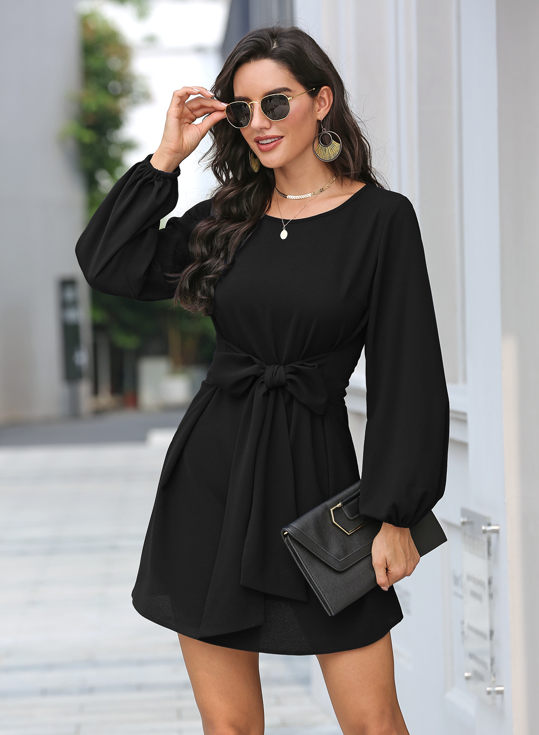 Autumn Solid Color Round Neck Bow Chiffon Dress Women Fashion Temperament Lantern Sleeve Short Pullover 210522