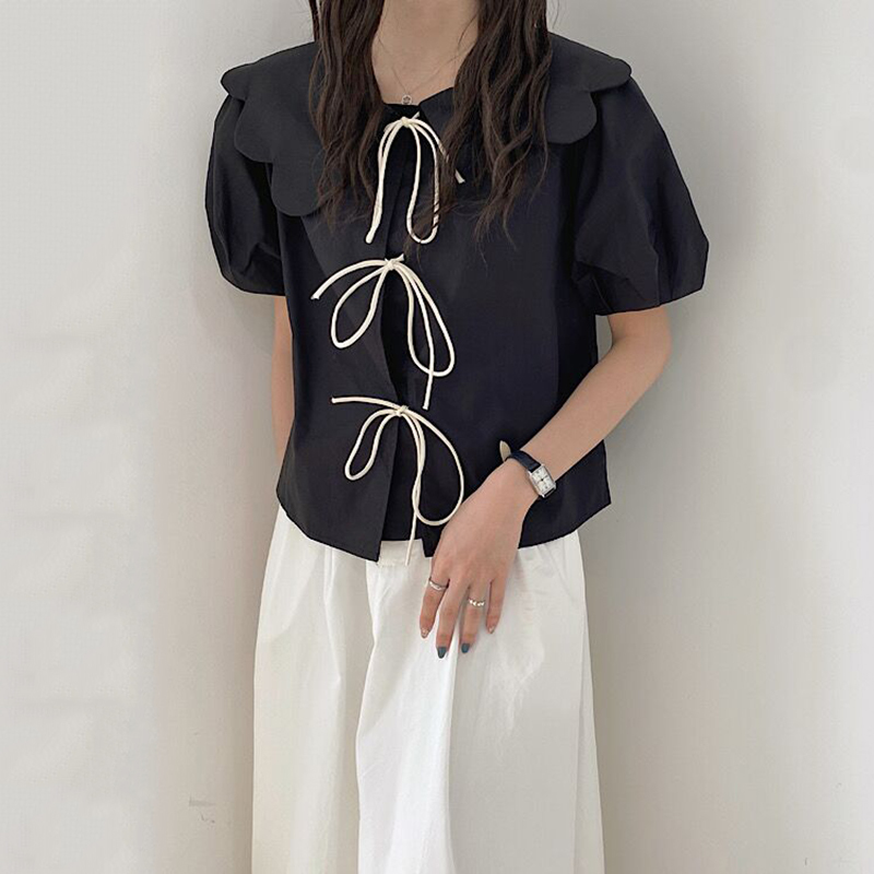 Nomikuma Sweet Bow Tie Blouse Shirt Vintage Chic Peter Pan Collar Puff Sleeve Women Tops Causal Korean Summer New Blusas 6G919 210427