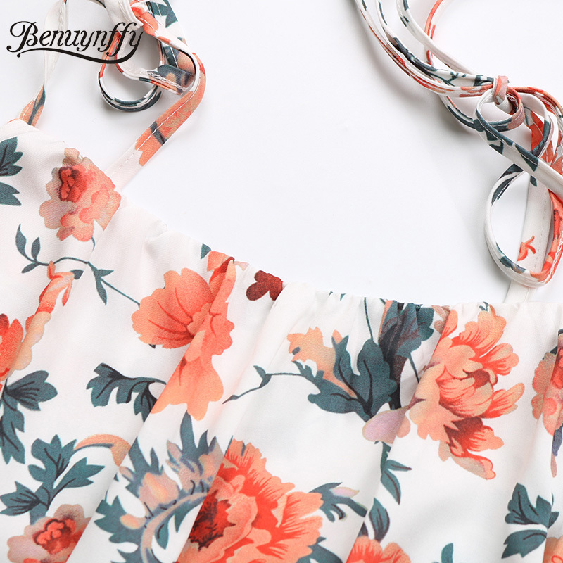 Tie Shoulder Floral Print Ruffle Hem Short Dresses Women Boho Holiday Backless Casual A-Line Summer Beach Dress 210510