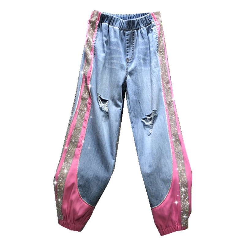 Summer Casual Jeans Woman Long Trousers Cowboy Female Loose Streetwear Rhinestones Splice Denim Pants ZA4295 210427